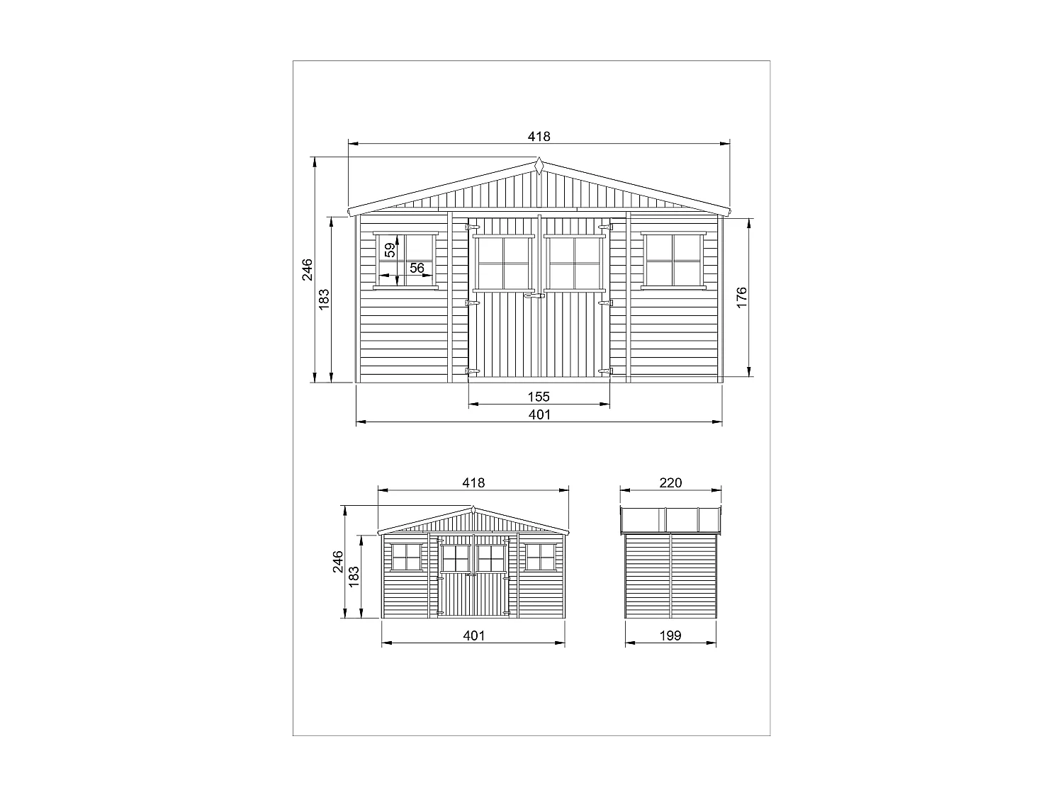 Holz Gartenschuppen MIT IMPRÄGNIERTEM BODEN  - H246 x 418 x 220 cm/ 8 m² - TIMBELA M332+332G