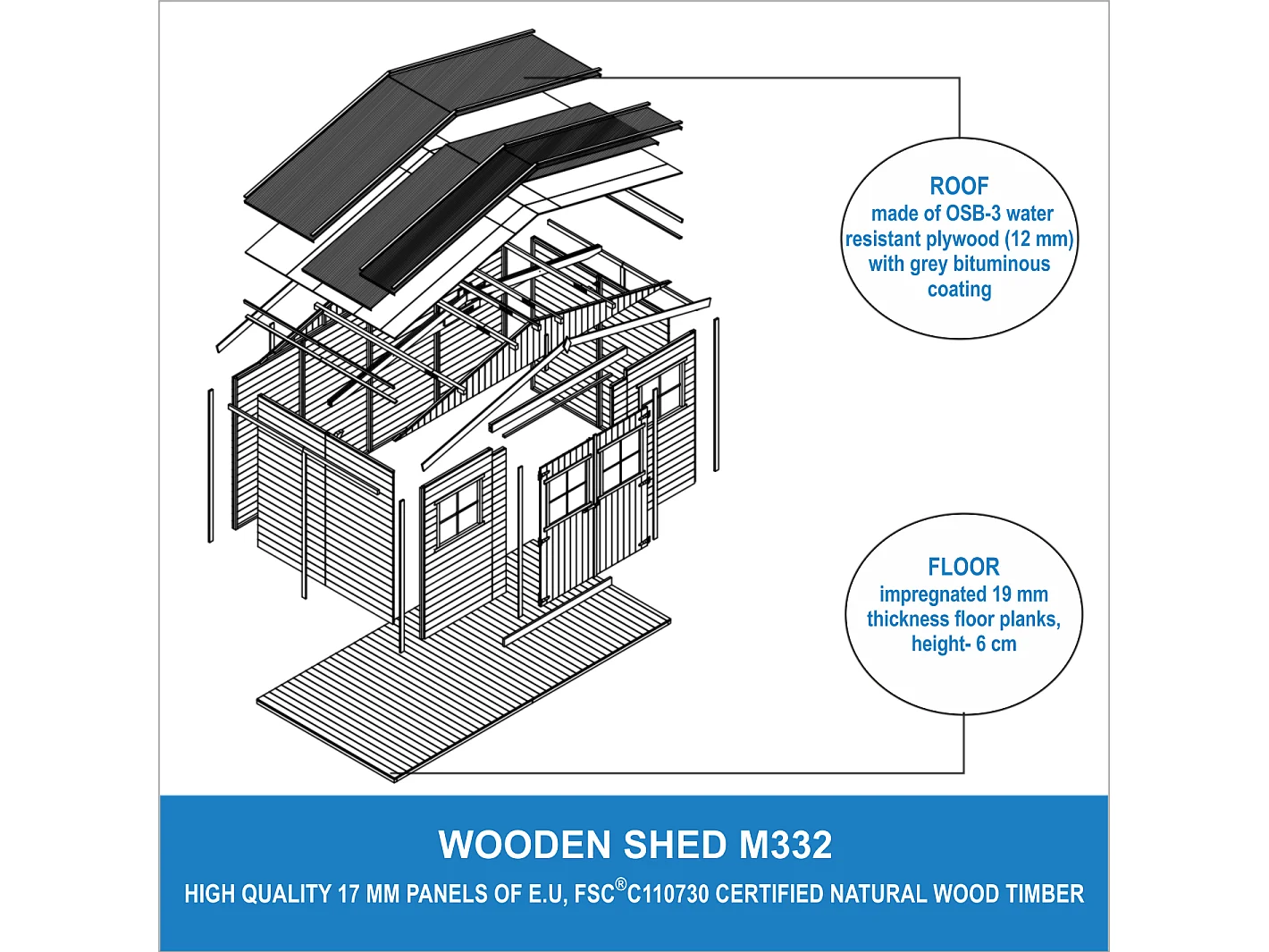 Abri de jardin en bois LES PLANCHERS IMPRÉGNÉ- H246x418x220 cm/8 m²- TIMBELA M332+M332G