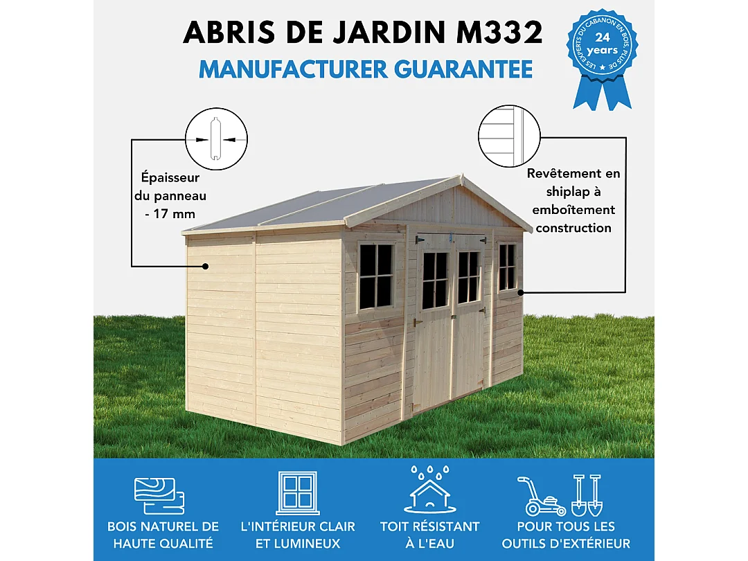 Abri de jardin en bois les planchers imprégné - H246x418x220 cm/8 m²- M332+M332G