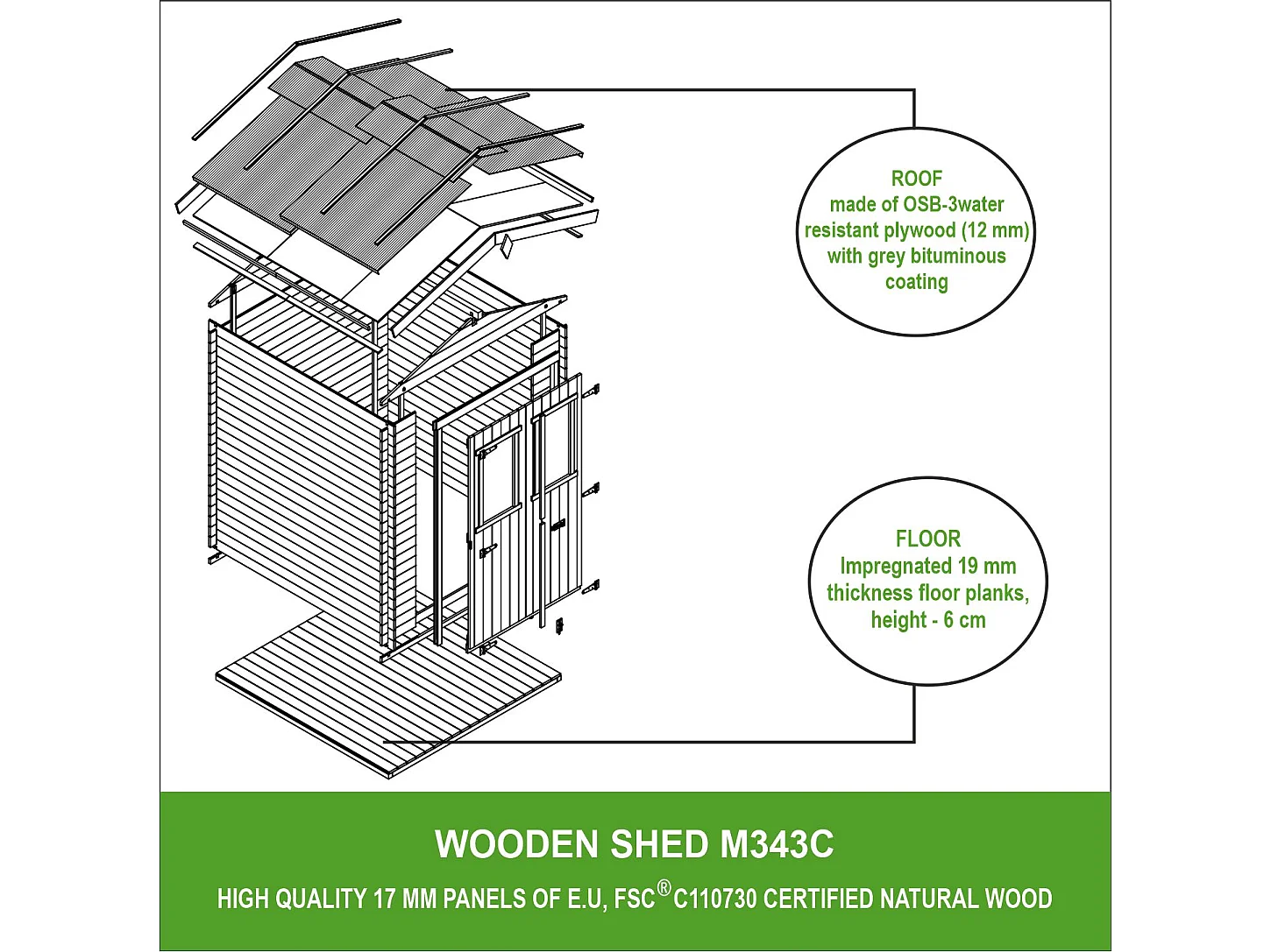 Abri de jardin en bois AVEC SOL TRAITÉ -  I216xL206xH218 cm/ 3.53 m2 -  TIMBELA M343C+M343G