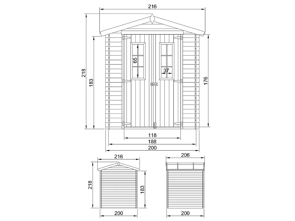 Abri de jardin en bois avec sol traité -  I216xL206xH218 cm/ 3.53 m2 - M343C+M343G