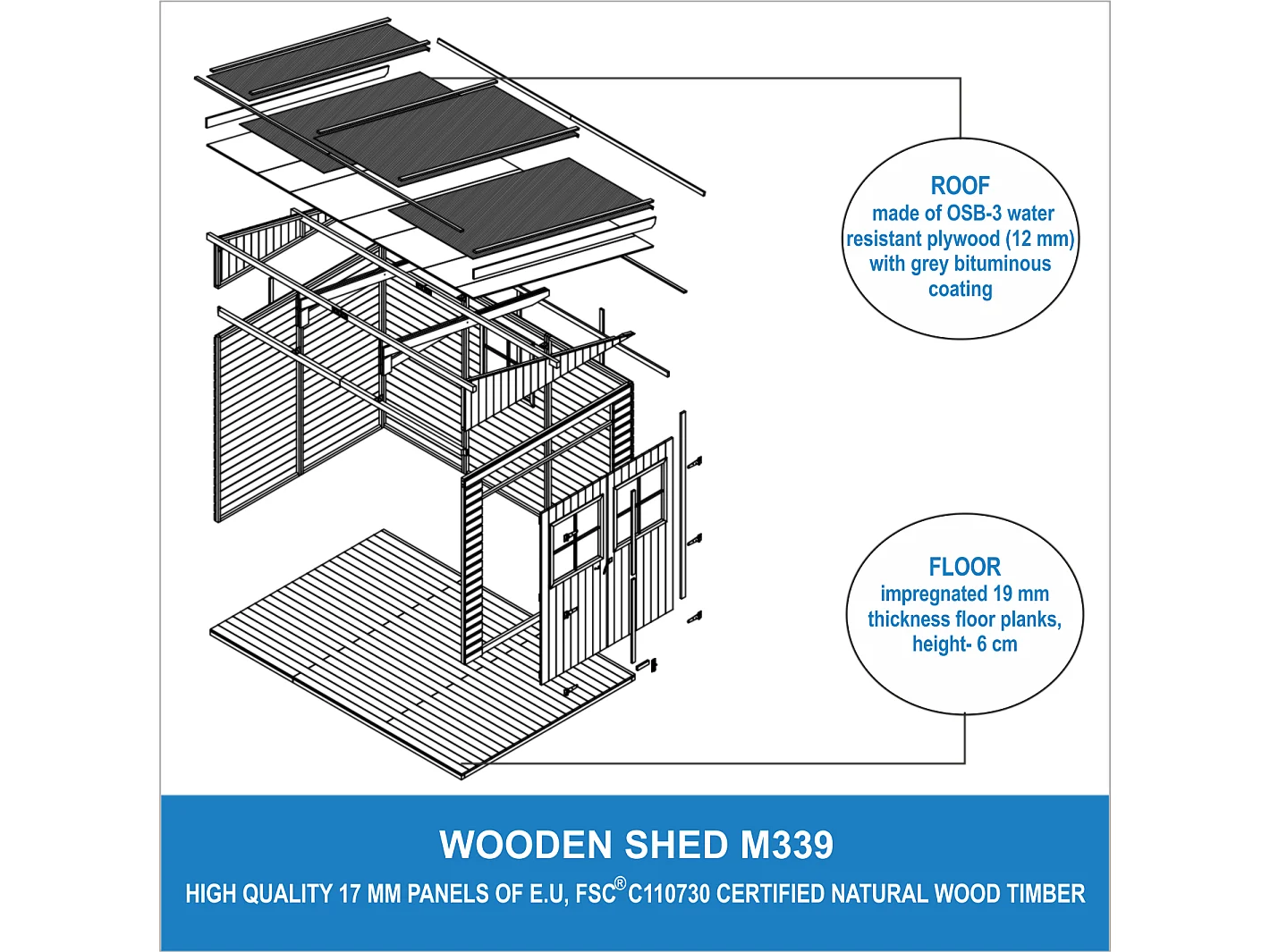 Abri de Jardin en Bois (sans paroi latérale) AVEC LES PLANCHERS IMPRÉGNÉ - 6 m2 - TIMBELA M339+M339G
