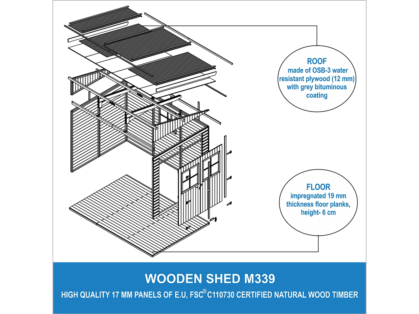 Houten tuinschuurtje met geimpregneerde vloer (3 wanden) - 6 m² - M339+M339G