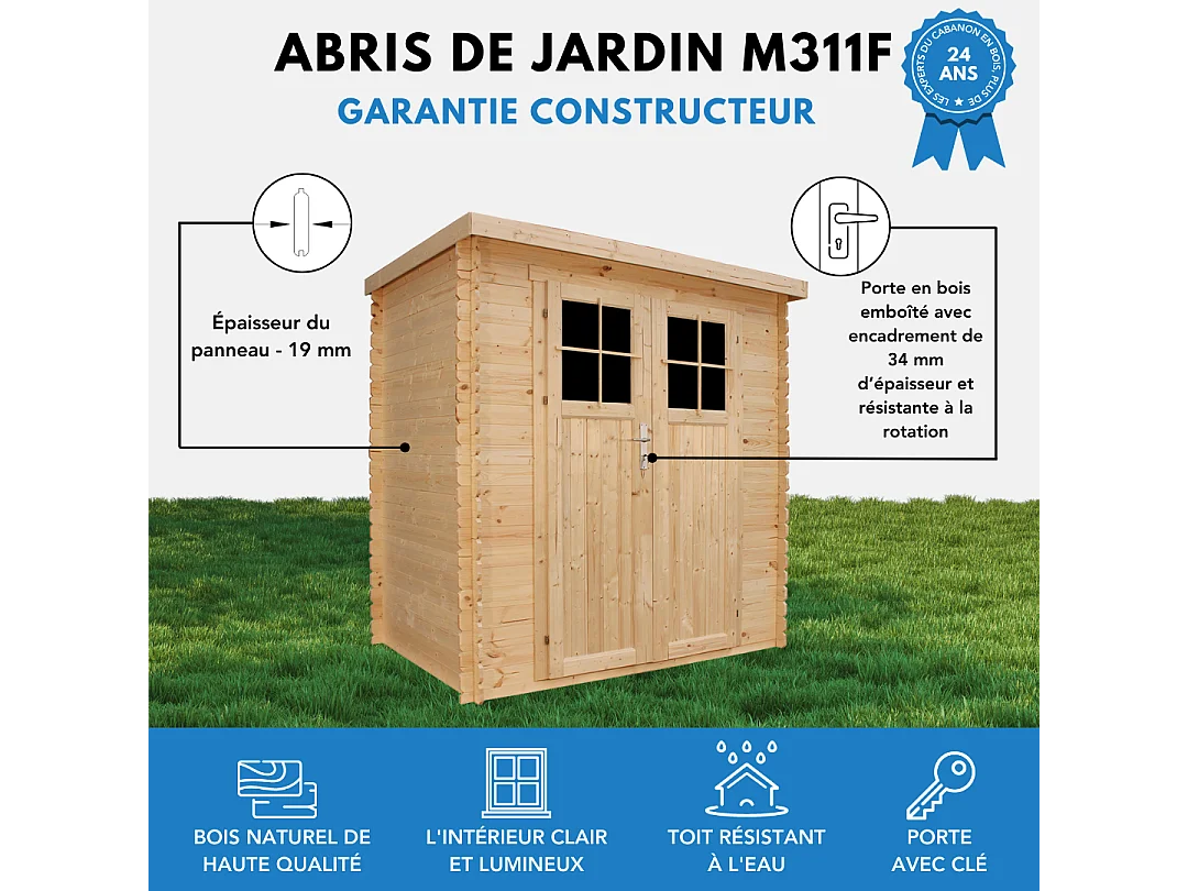 Abri de jardin en bois - porte verrouillable de haute qualité - l204xL142xH200cm/2.22m2 - M311F