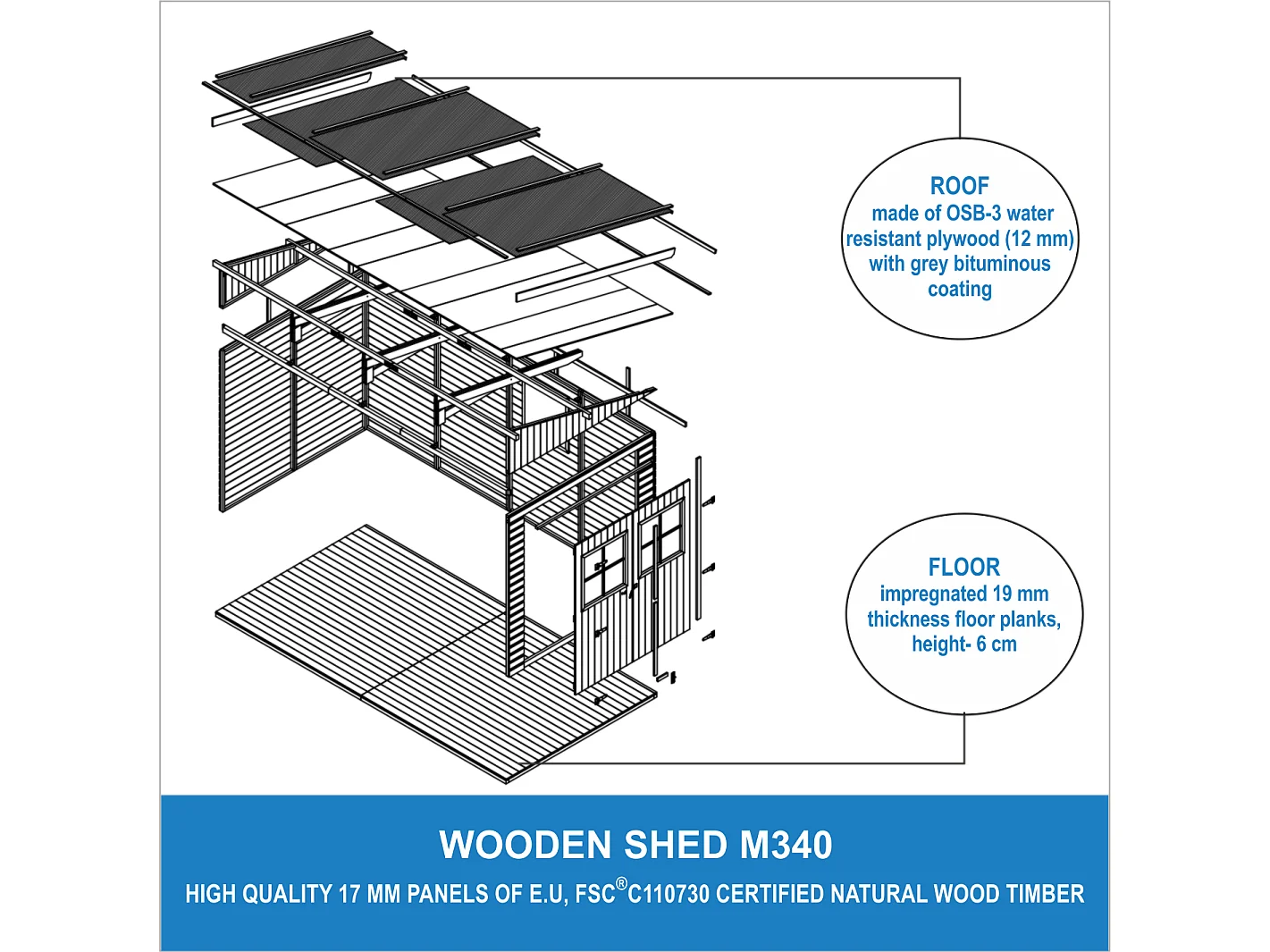 Casa da giardino in legno (senza parete laterale) - 8 m² - TIMBELA M340+M340G
