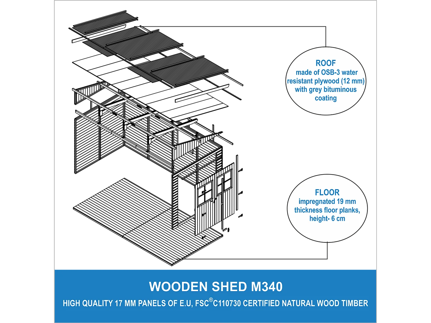 Houten tuinschuurtje met geimpregneerde vloer (3 wanden) - 7.94 m² - M340+M340G