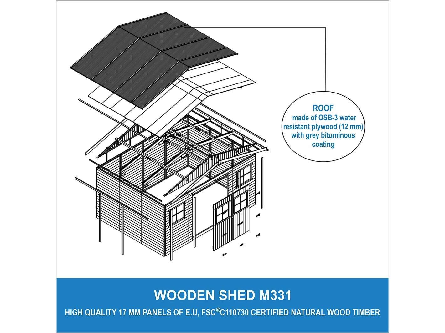 Holz Gartenschuppen -  H246 x 418 x 320 cm/ 12 m² -  TIMBELA M331