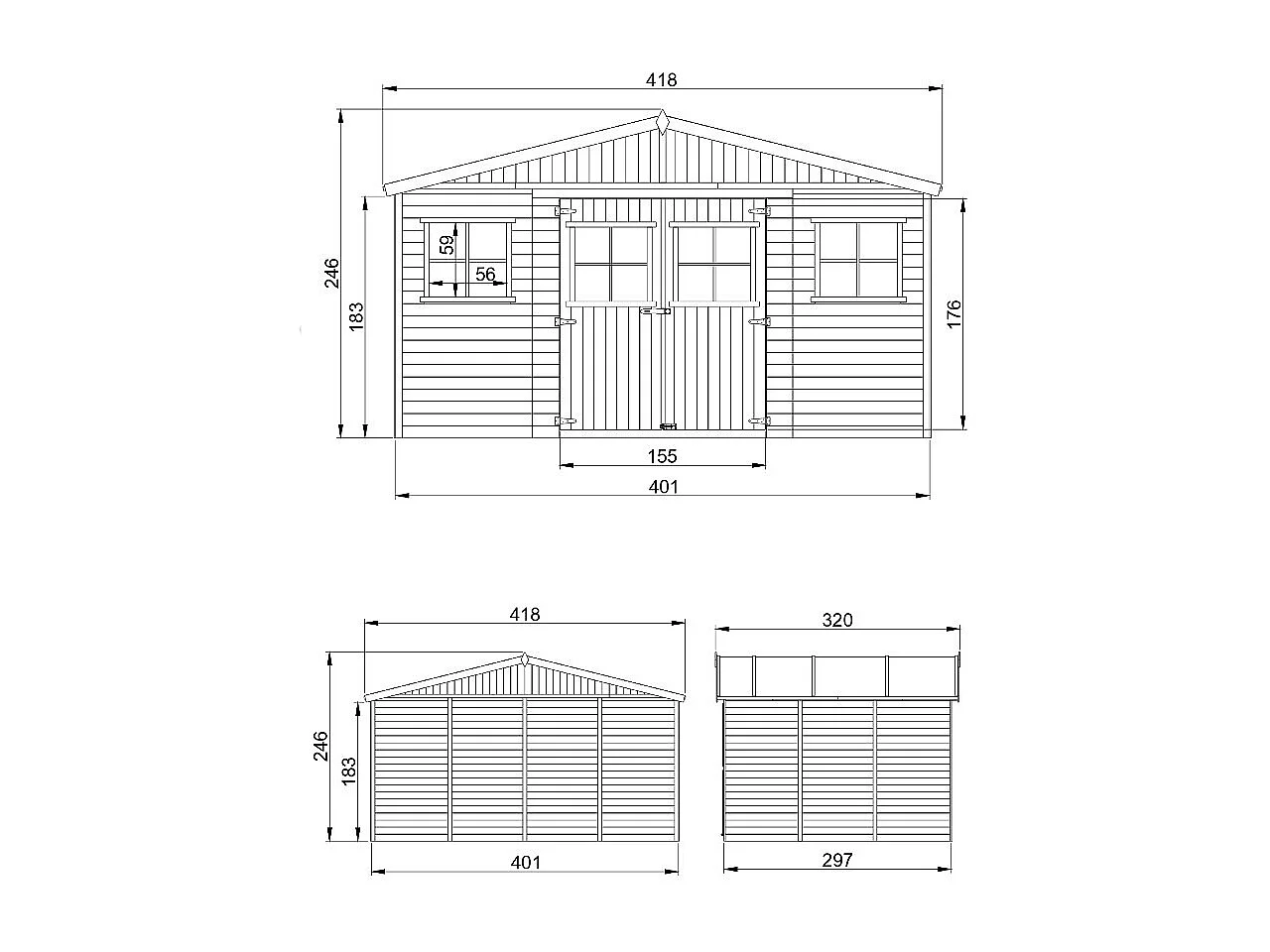 Abri de jardin en bois - H246x418x320 cm/12 m² - M331