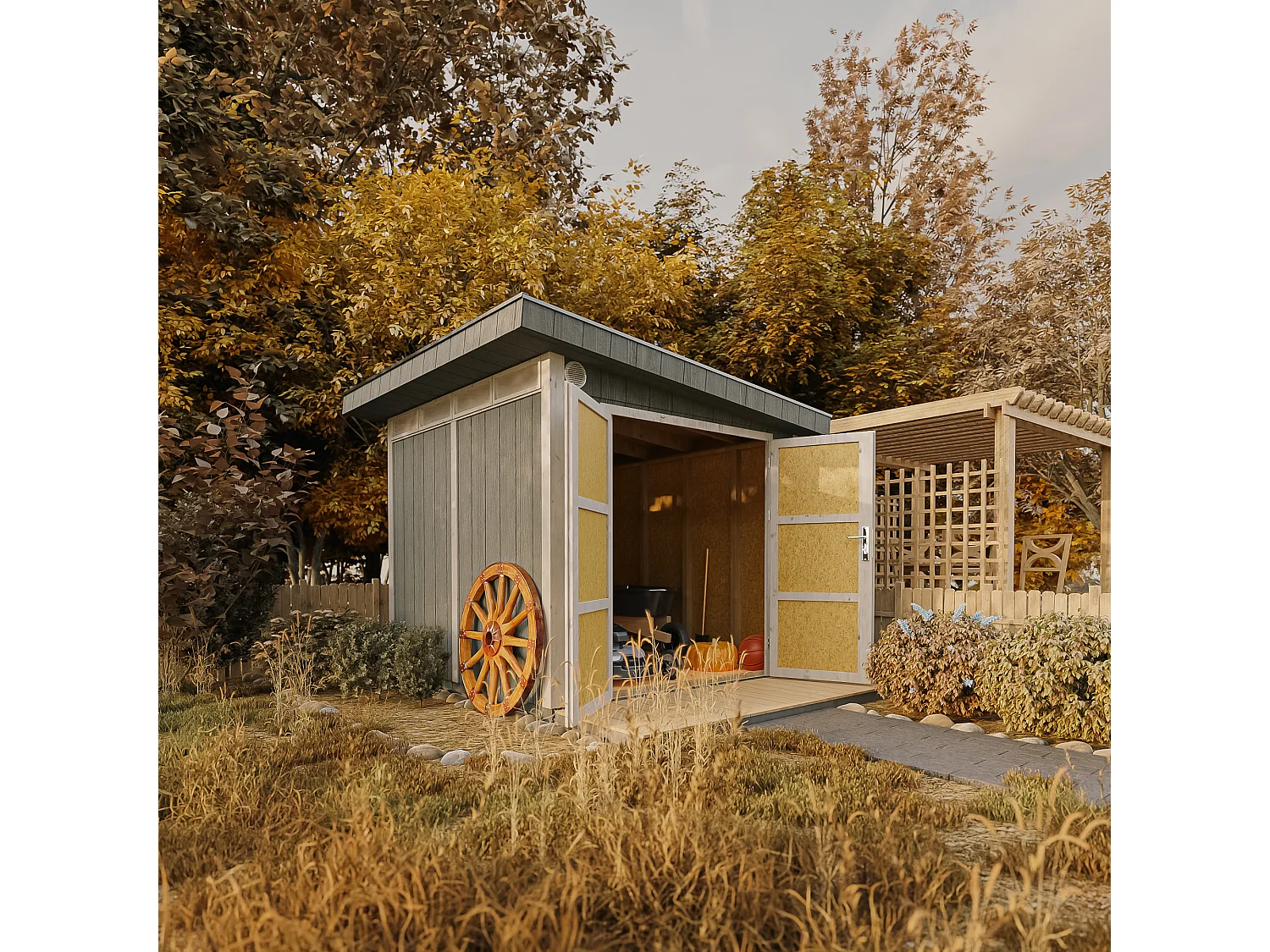 Gartenhaus premium qualität mit boden und bitumenfliesen - 5.9m² / B279xL293xH239 cm - M903A-TERRA BROWN