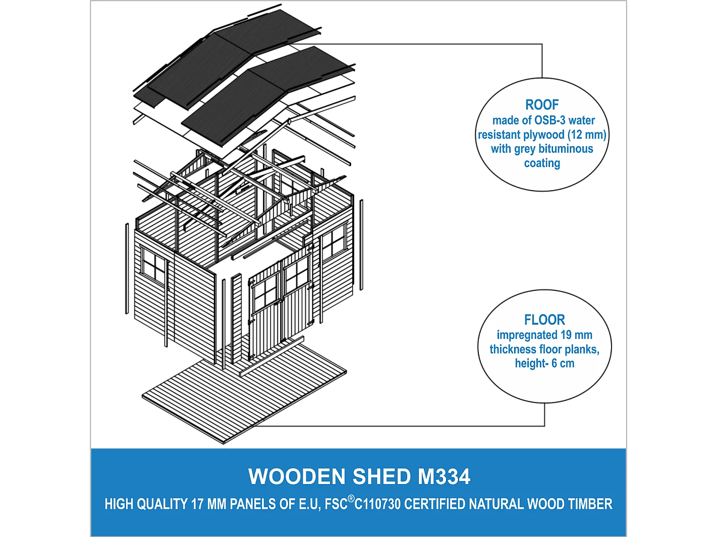 Holz Gartenschuppen MIT IMPRÄGNIERTEM BODEN -  H226x324x216 cm/6 m² - TIMBELA M334+334G