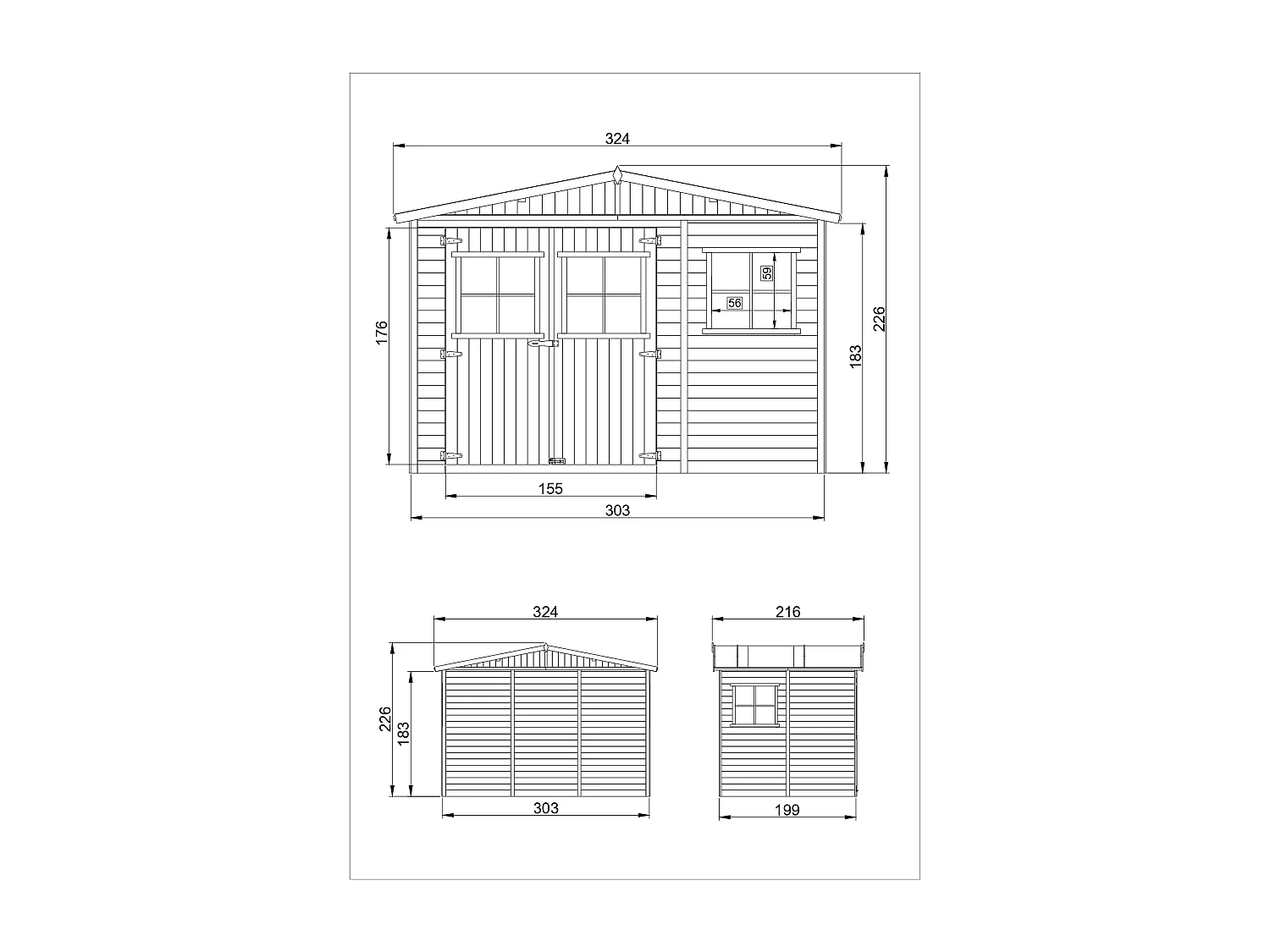 Holz Gartenschuppen MIT IMPRÄGNIERTEM BODEN -  H226x324x216 cm/6 m² - TIMBELA M334+334G