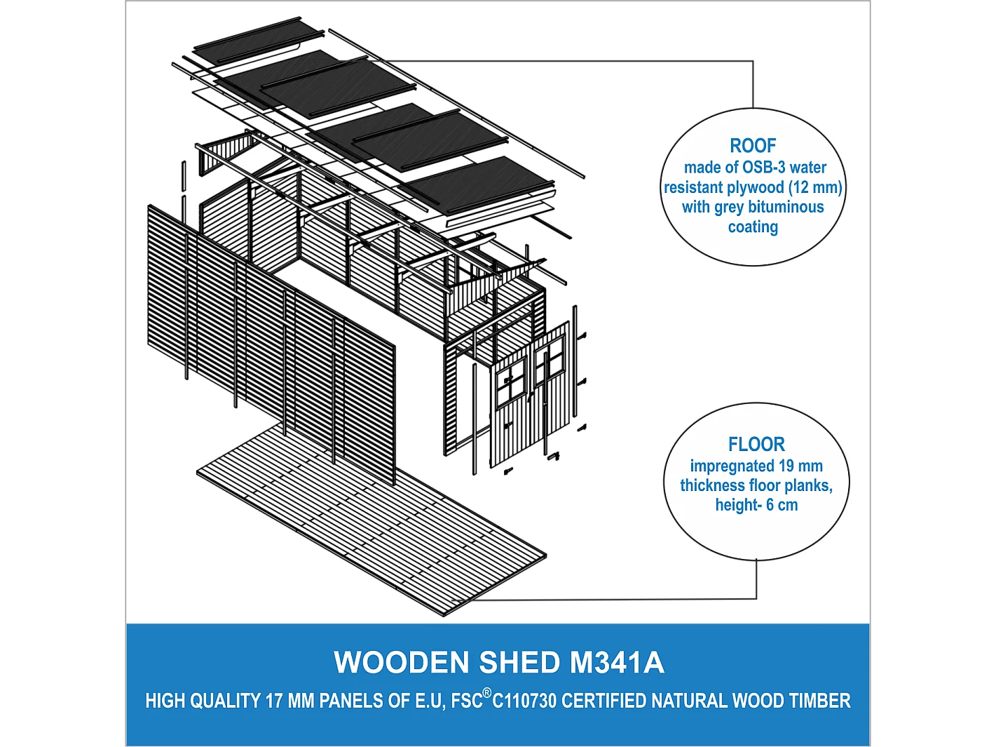 Cobertizo de madera CON PARED LATERAL- CON SUELO TRATADO–  10.1m2 - TIMBELA M341A+M341G
