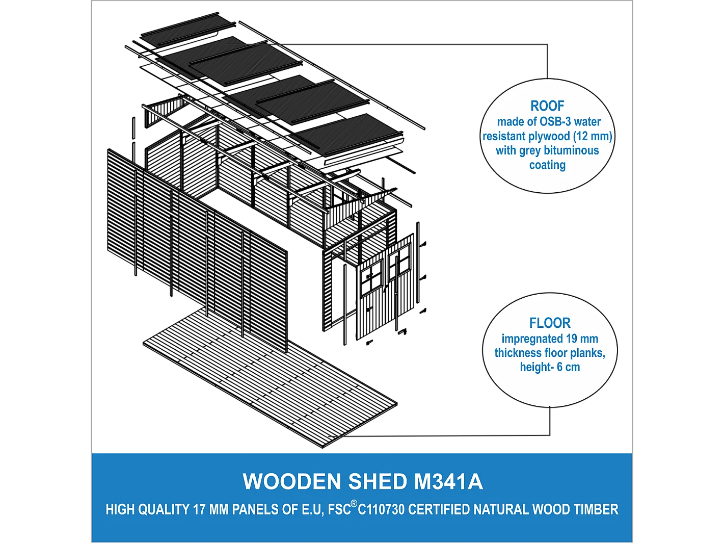 Houten tuinschuurtje met geimpregneerde vloer - 10.11 m² - M341A+M341G