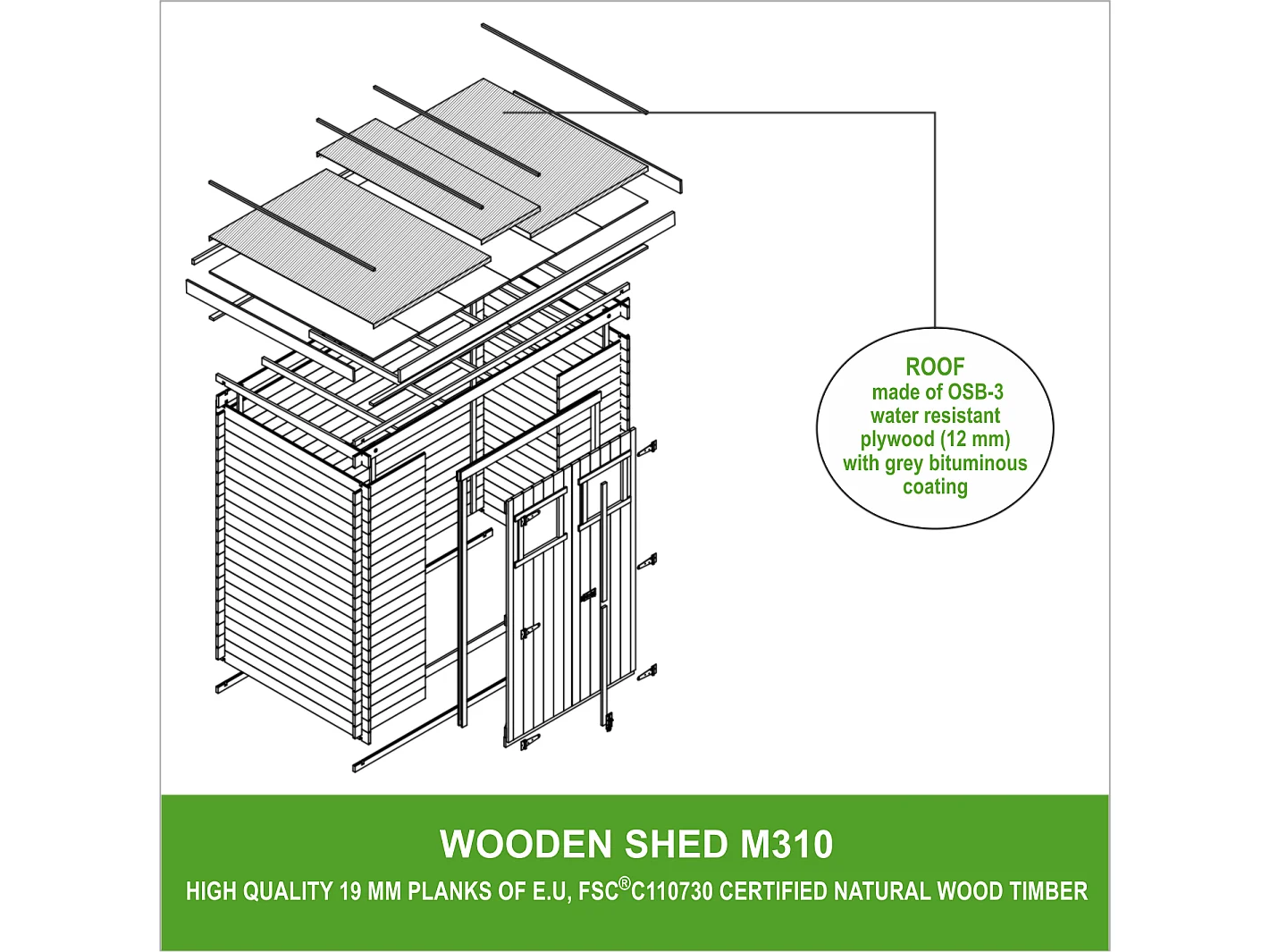 TIMBELA M310 Abri de jardin en bois - l239xL142xH200cm/2.63 m2