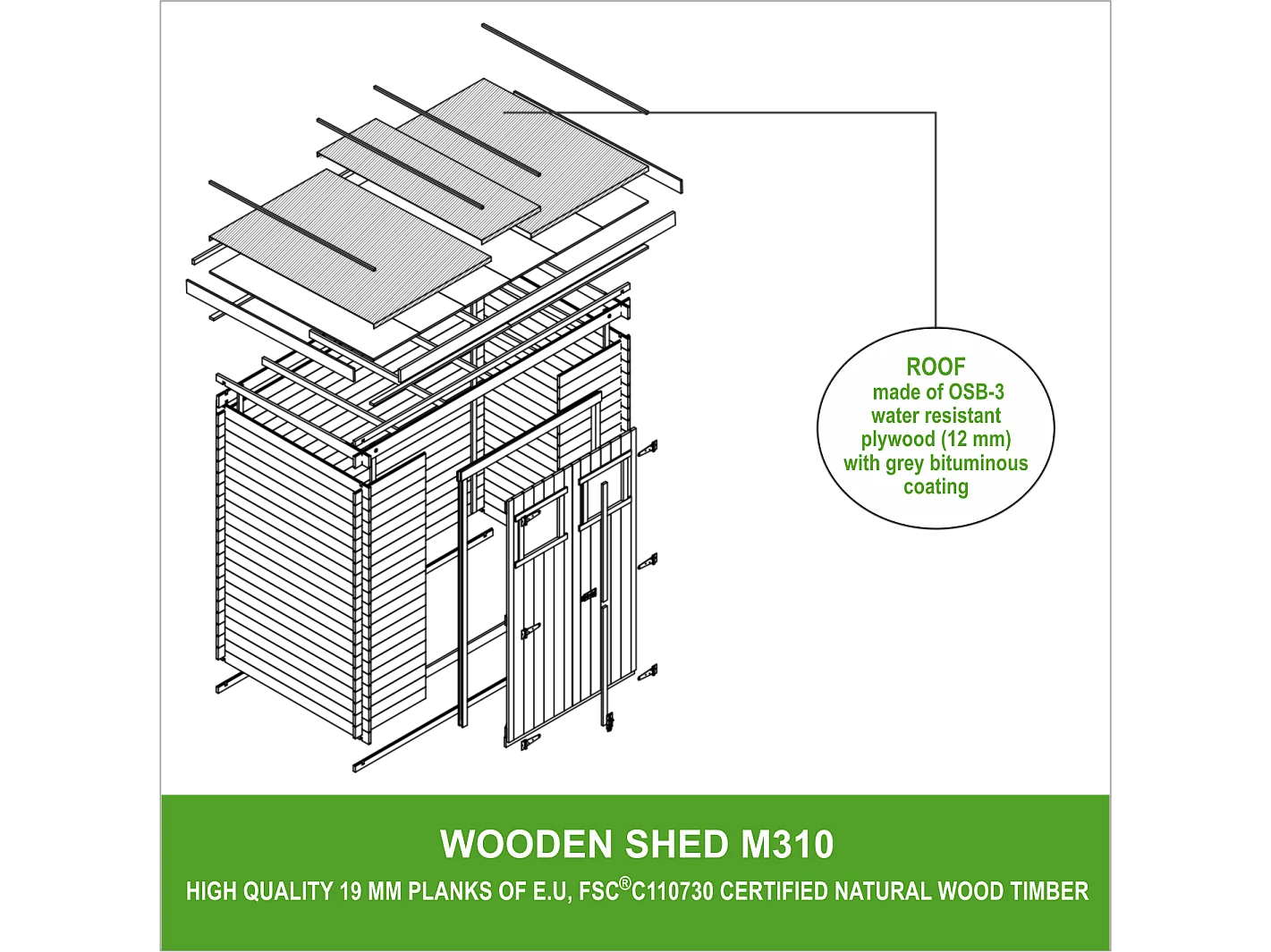 Abri de jardin en bois - l239xL142xH200cm/2.63 m2 - M310