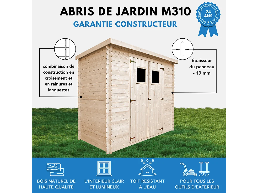 Abri de jardin en bois - l239xL142xH200cm/2.63 m2 - M310