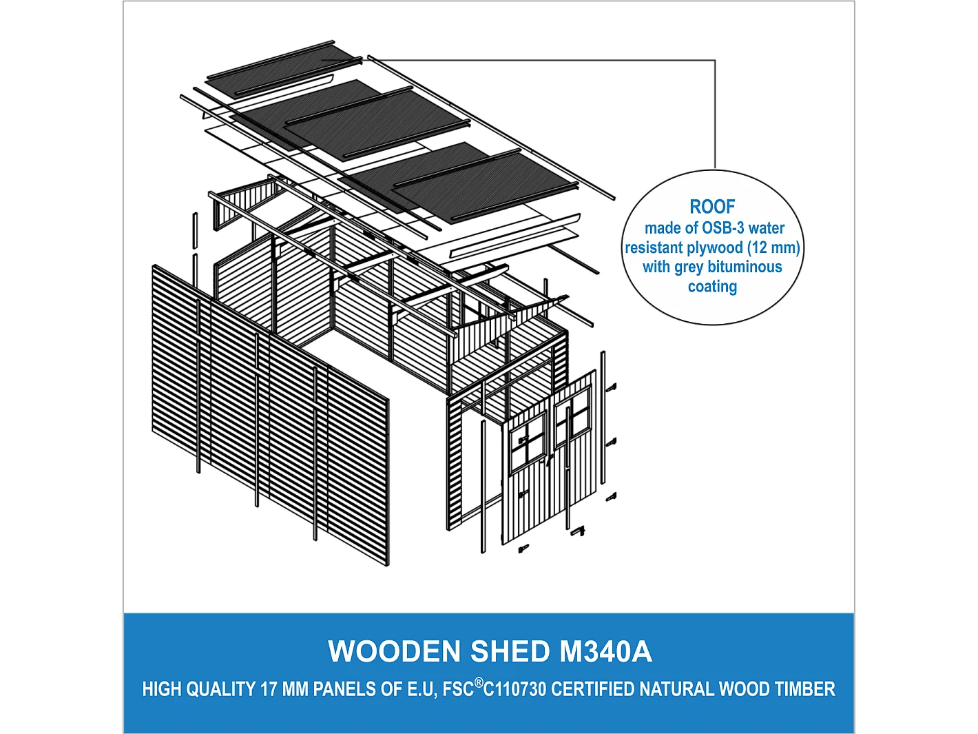 Abri de Jardin en Bois (avec paroi latérale) - 8 m2 - TIMBELA M340A