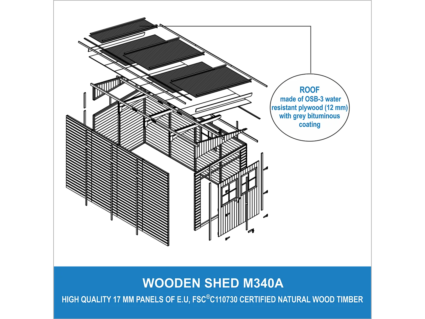 Houten tuinschuurtje zonder vloer - 8.10m² / 416x218xH244 cm - M340A