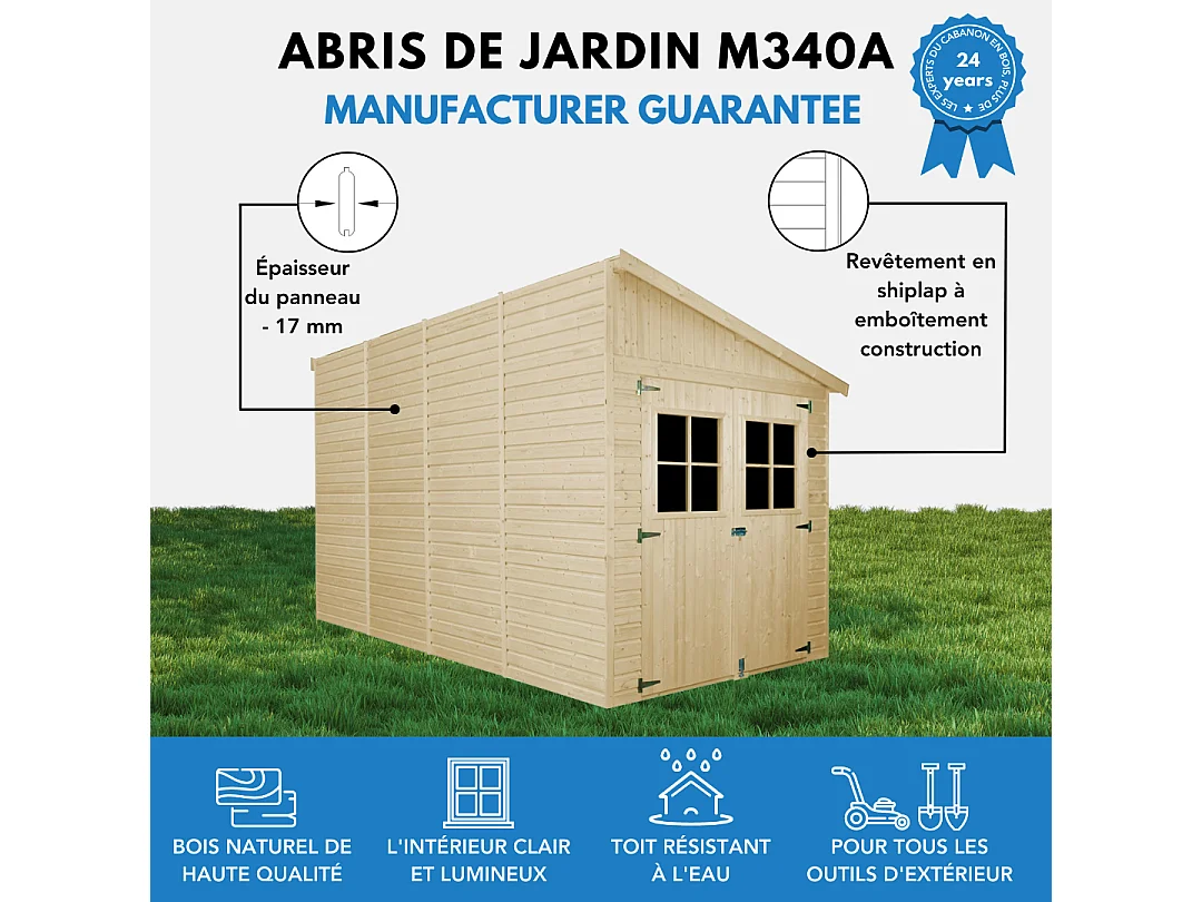 Abri de jardin en bois (avec paroi latérale) - 8 m2 - M340A