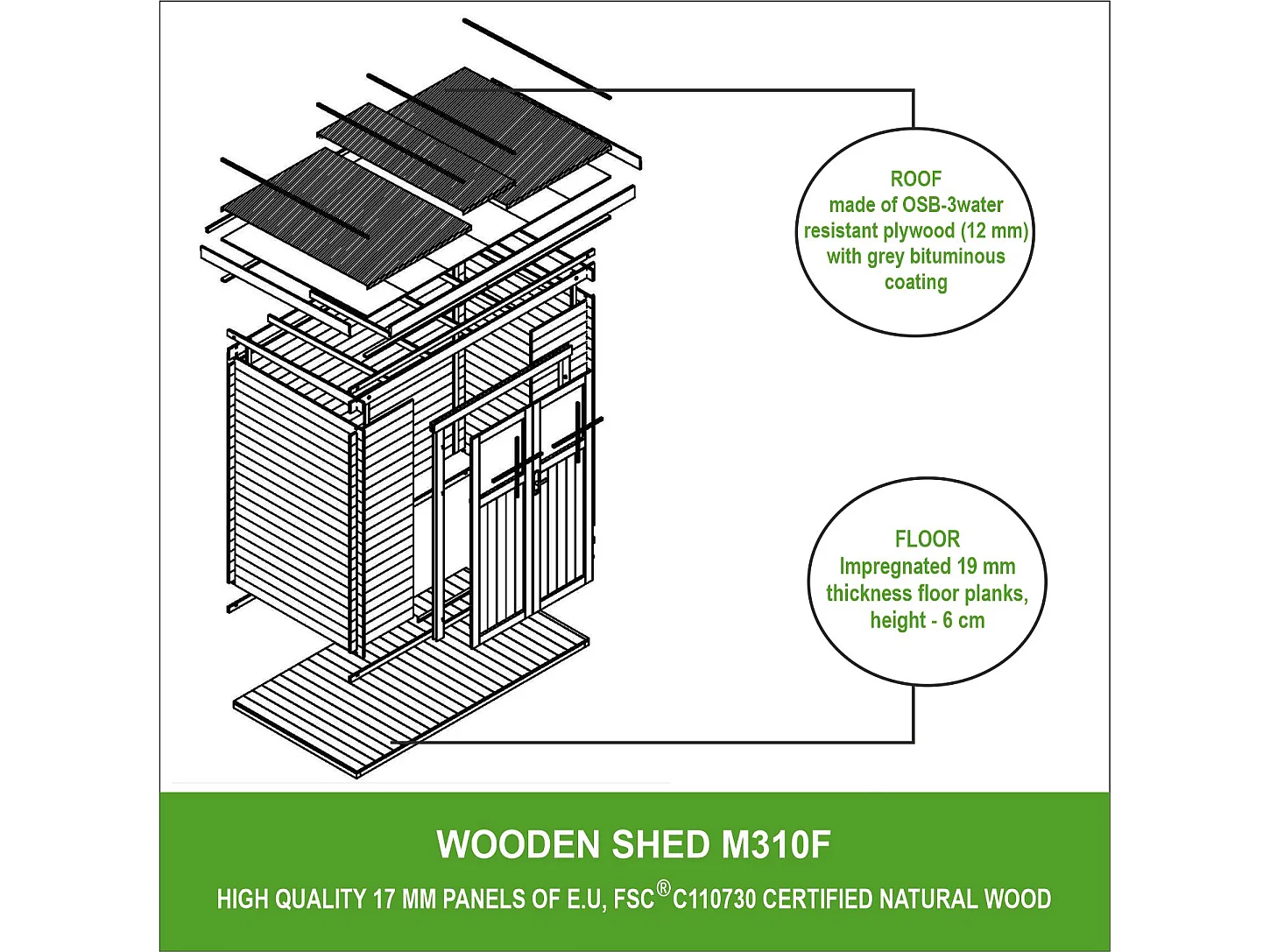 Abri de jardin en bois avec sol traité - porte verrouillable de haute qualité- 2.63 m2 - M310F+M310G