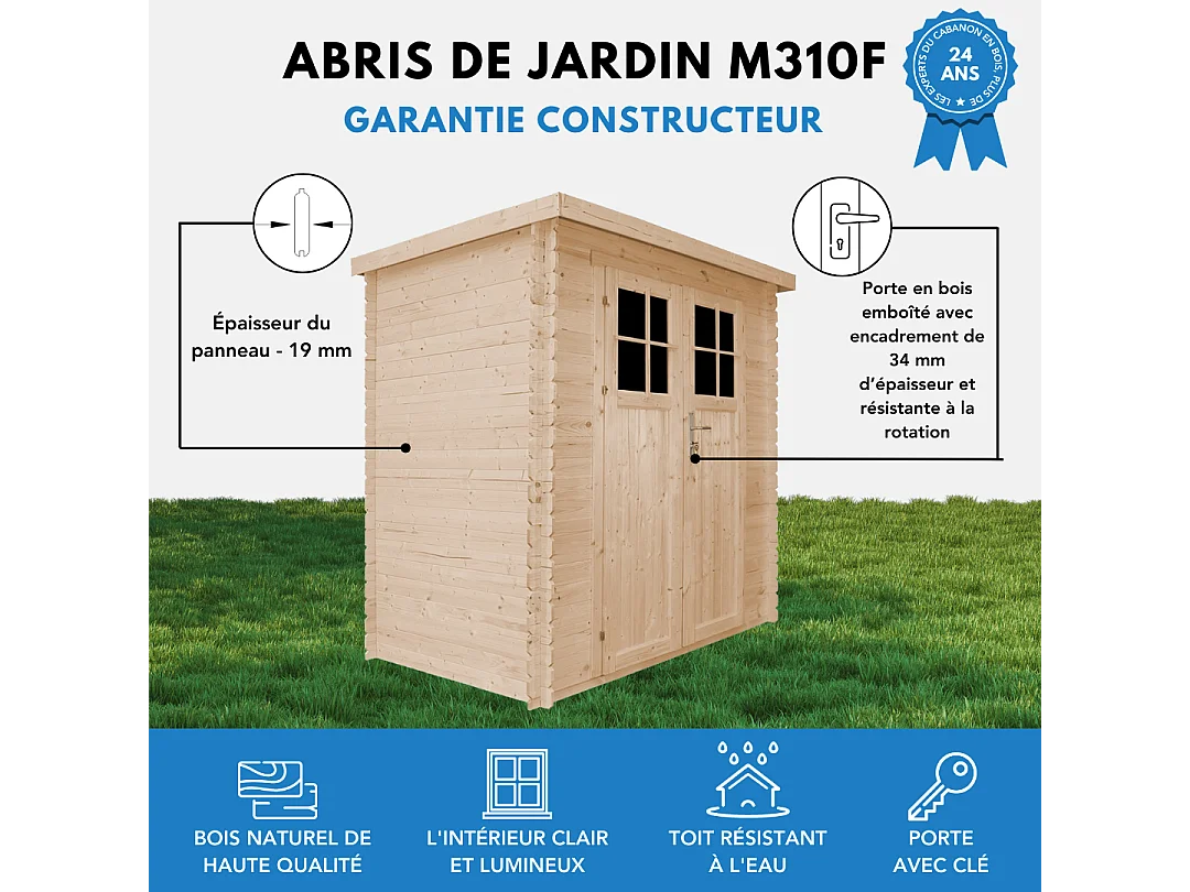 Abri de jardin en bois avec sol traité - porte verrouillable de haute qualité- 2.63 m2 - M310F+M310G