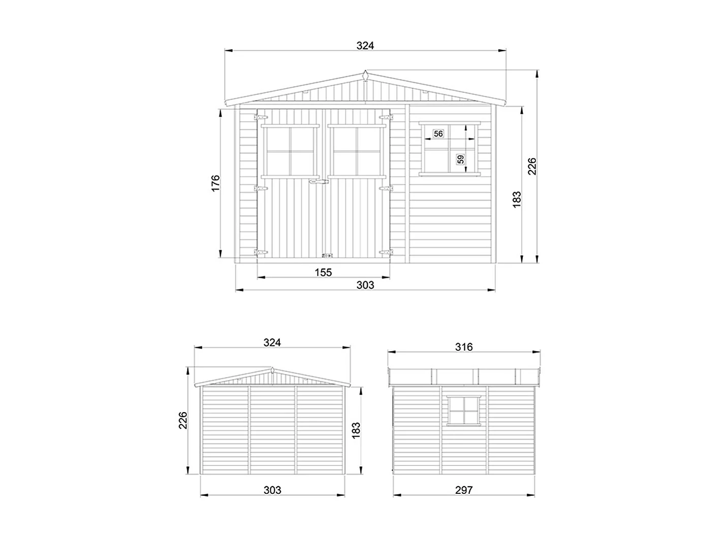 Houten tuinschuurtje zonder vloer - 9 m² / 324x316xH226 cm - M335