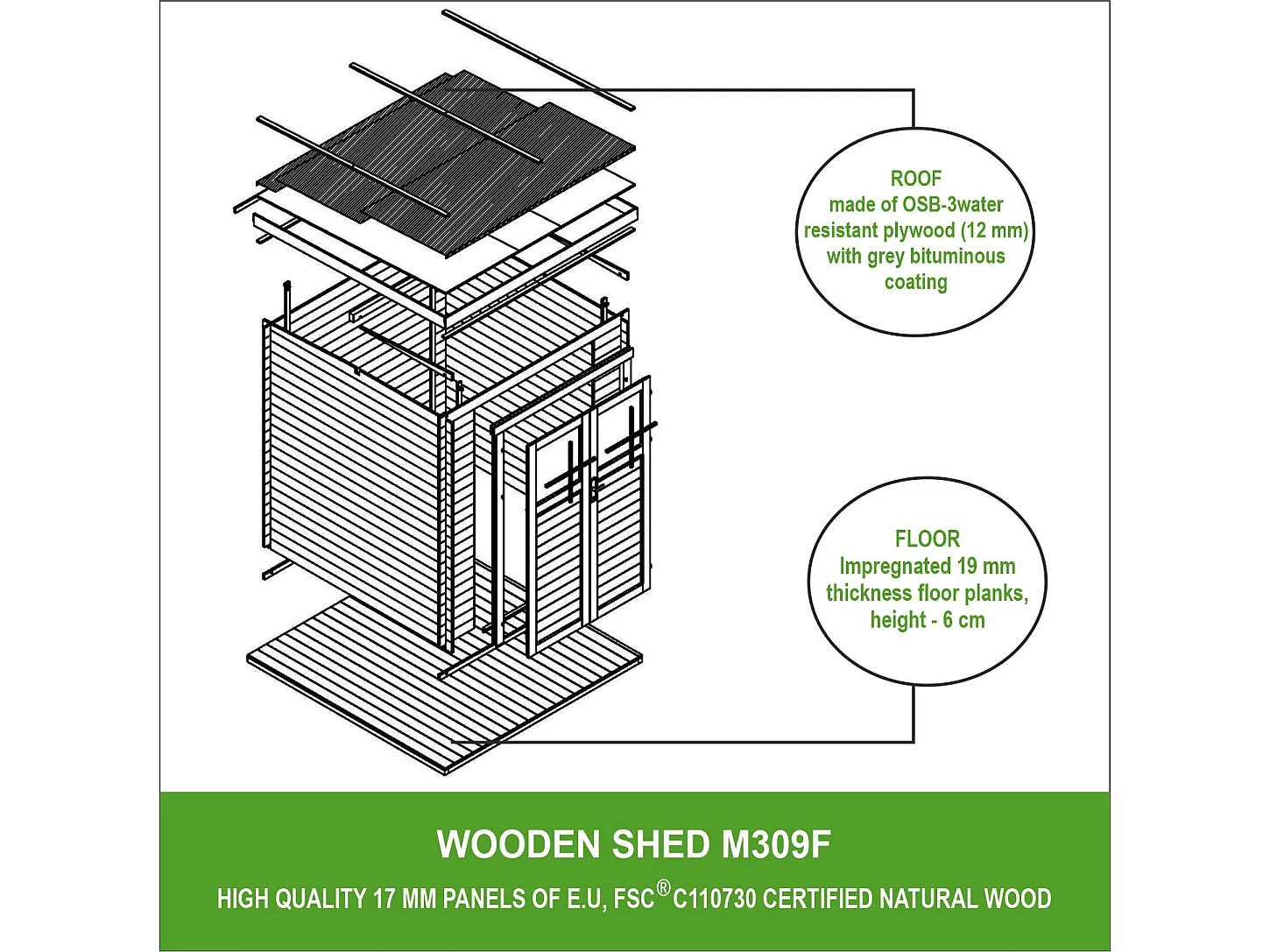 Abri de jardin en bois avec sol traité - porte verrouillable de haute qualité - 3.53 m2 - M309F+M309G