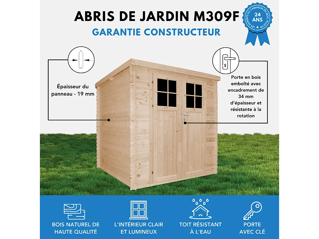 Abri de jardin en bois avec sol traité - porte verrouillable de haute qualité - 3.53 m2 - M309F+M309G