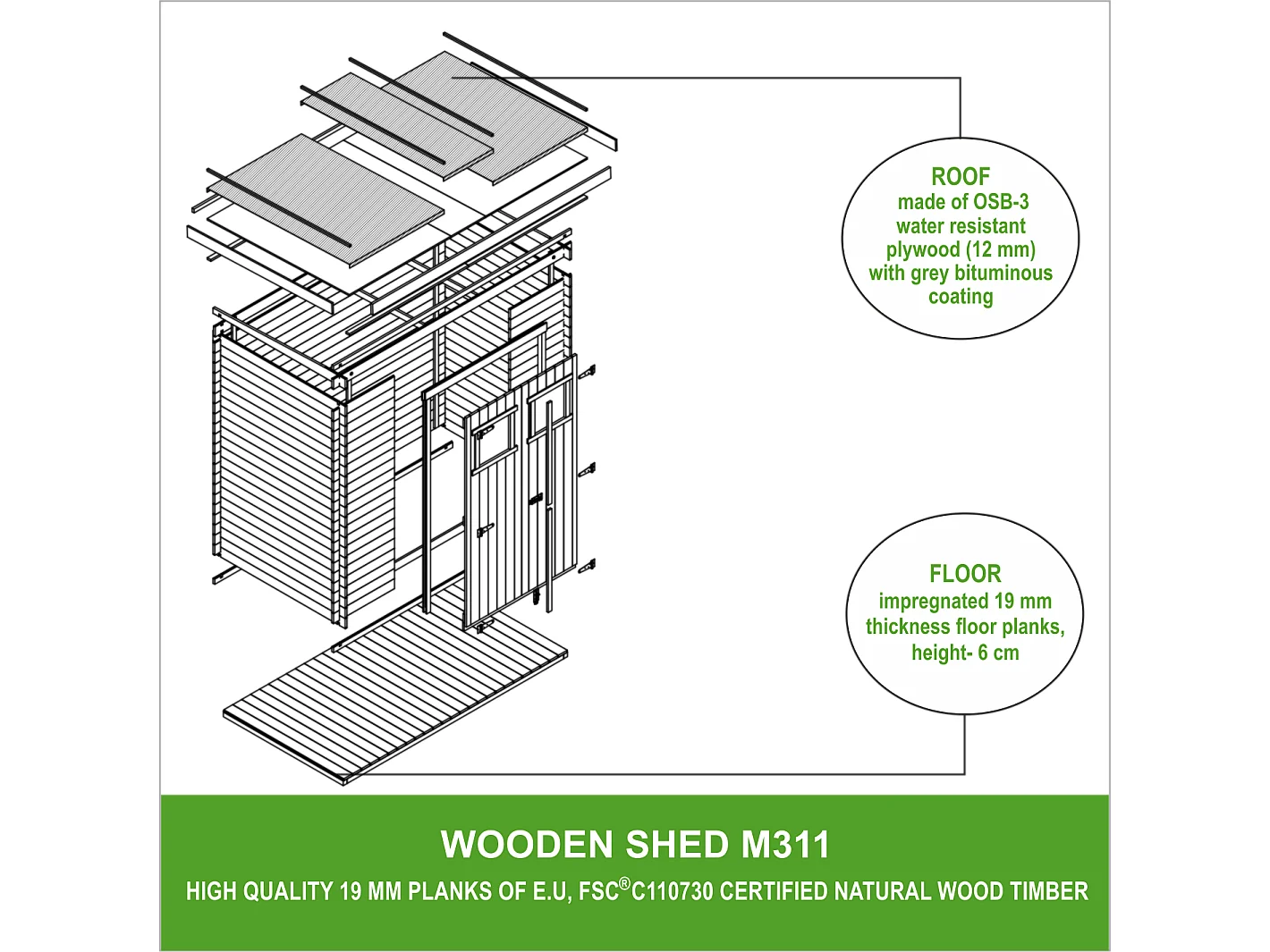 Casa de almacenamiento jardín CON SUELO TRATADO 142x204x200 cm/2.22 m2 - TIMBELA M311+M311G