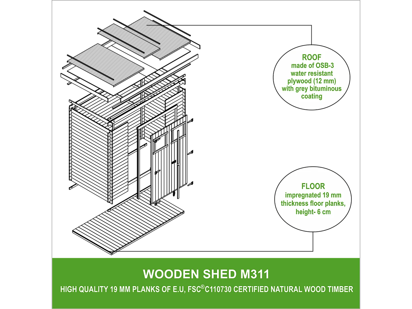 Abri de jardin en bois avec sol traité - l204xL142xH200cm/2.22m2 - M311+M311G