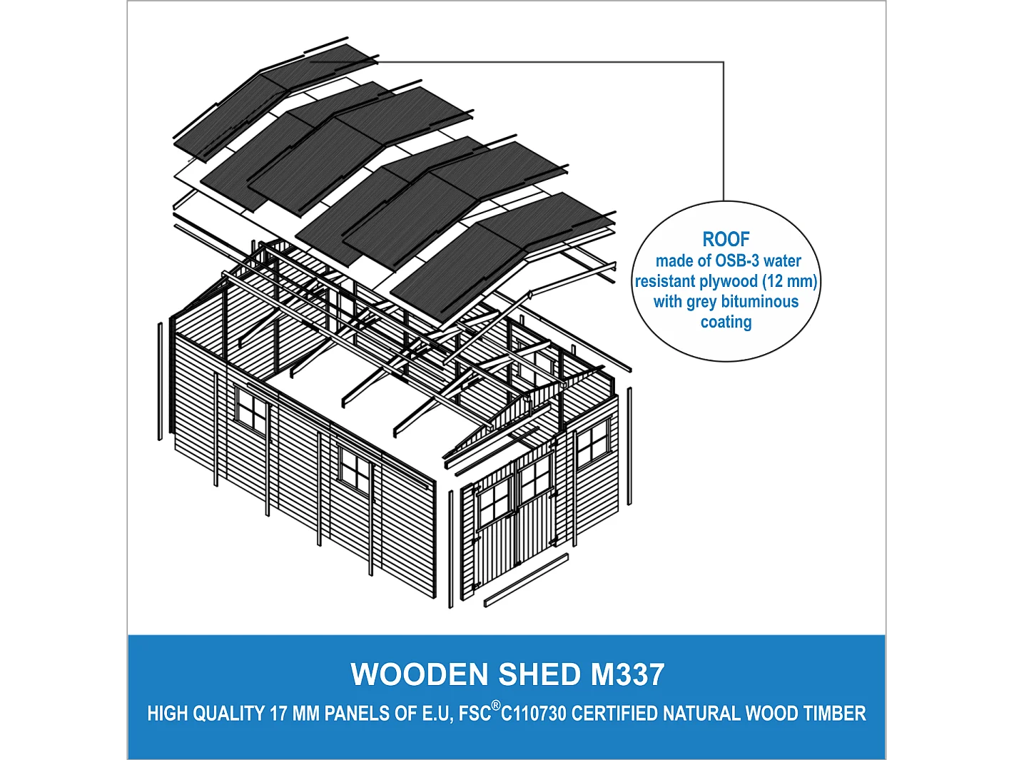 Timbela M337 - Houten tuinschuurtje 14,94 m2 - 324 x 516 x H226 cm - Tuinschuurtje zonder vloer