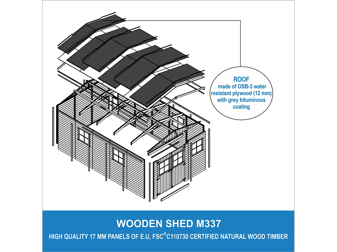 Abri de jardin en bois - H226x324x516 cm/15 m² - M337