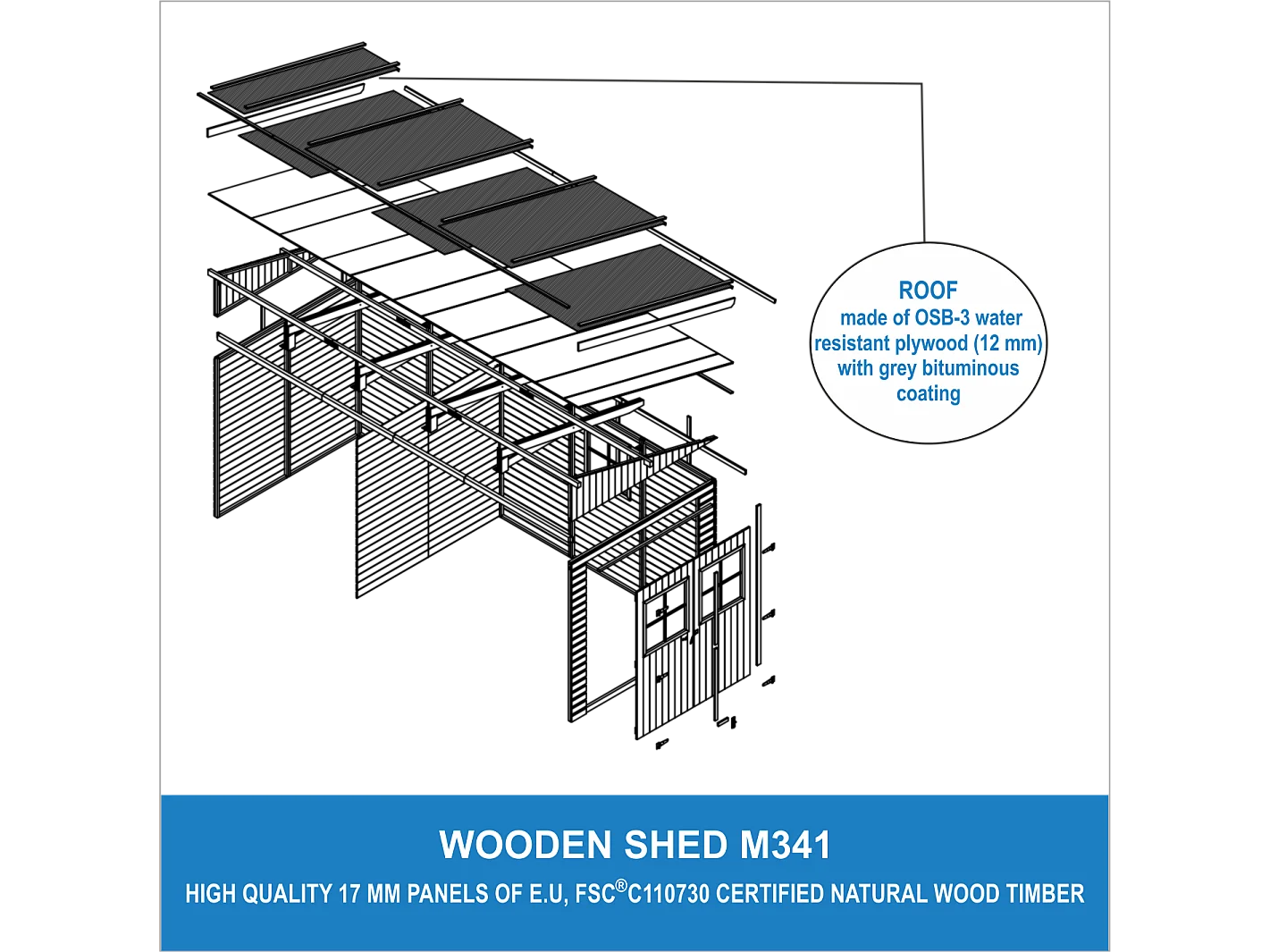 Abri de jardin en bois (sans paroi latérale) - 10 m2 - M341