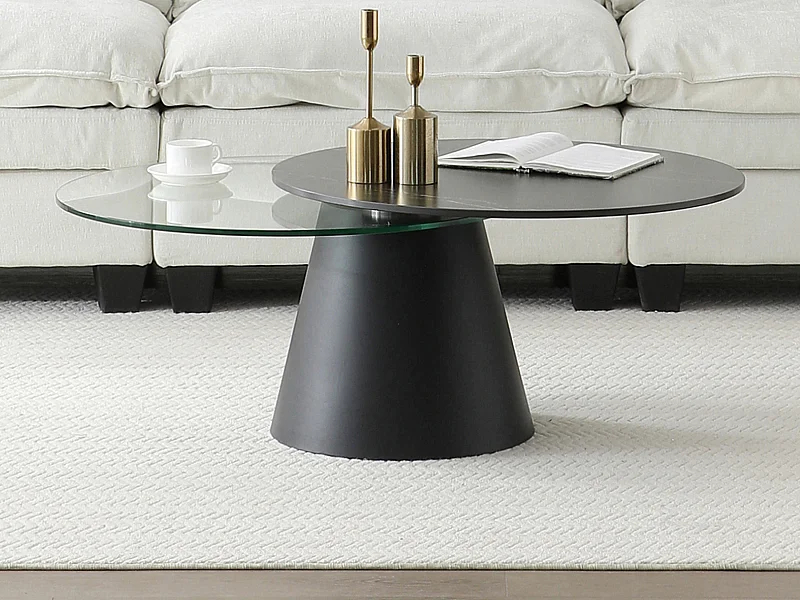 Couchtisch mit drehbaren Tischplatten - Keramik, Sicherheitsglas & Metall - Marmor-Optik Schwarz - NACESIA von Maison Céphy