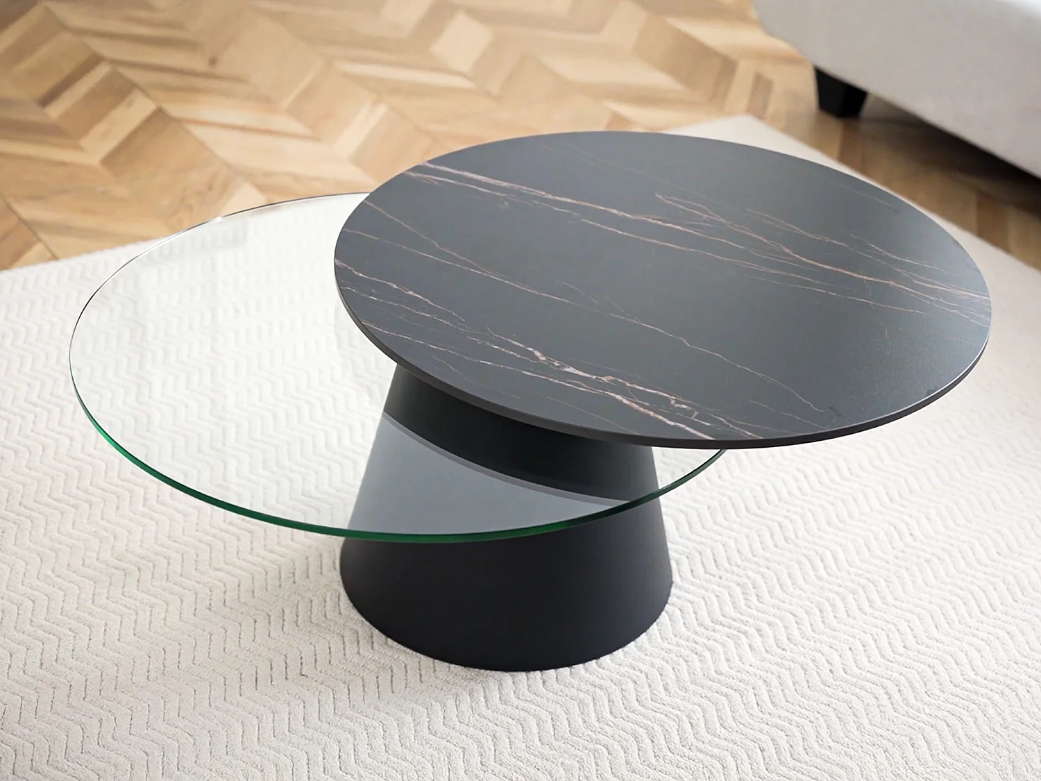 Salontafel met draaiende bladen van keramiek, gehard glas en metaal - Zwart marmereffect - NACESIA van Maison Céphy