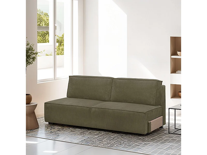 Module canapé convertible 2 places avec coffre de rangement en velours côtelé vert kaki - Harper Mod