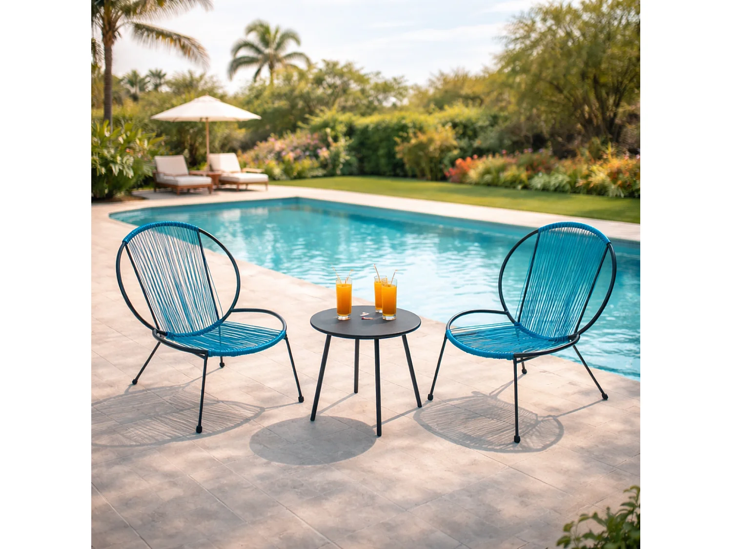 Set van 2 fauteuils + 1 lage blauwe salontafel Acapulco Rete