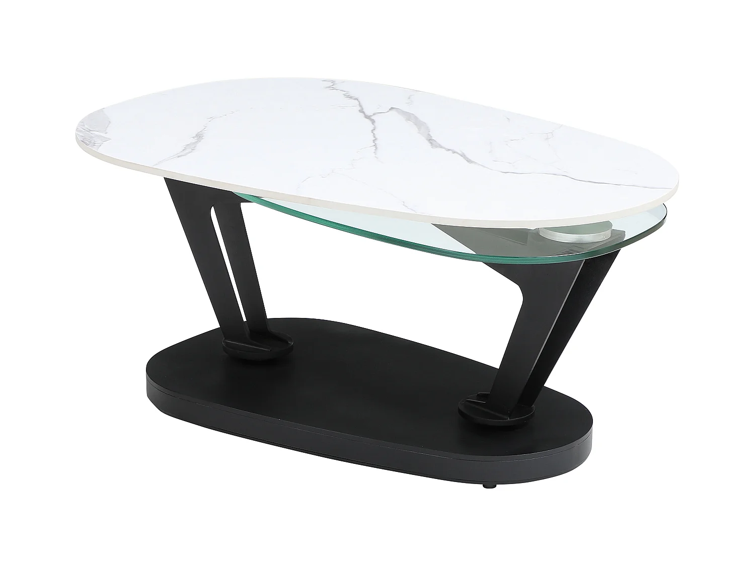 Table basse avec plateaux pivotants en céramique, verre trempé et métal - Effet marbre blanc - NADRYA de Maison Céphy
