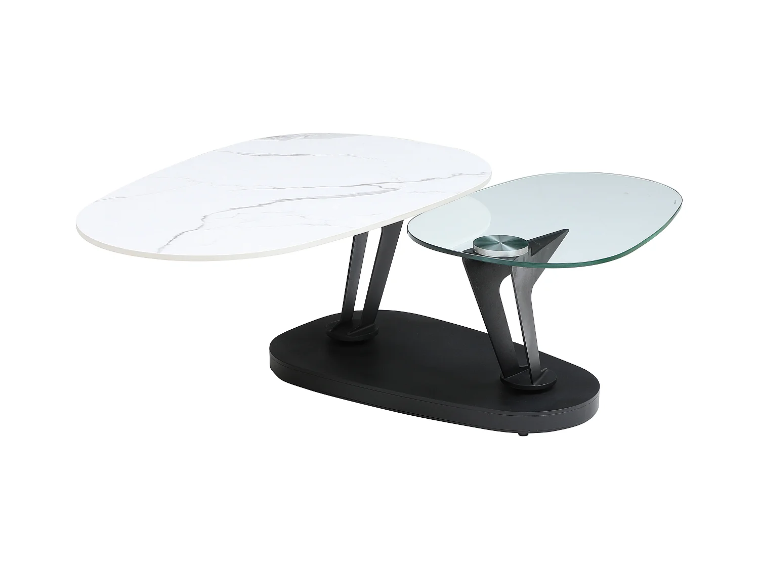 Table basse avec plateaux pivotants en céramique, verre trempé et métal - Effet marbre blanc - NADRYA de Maison Céphy
