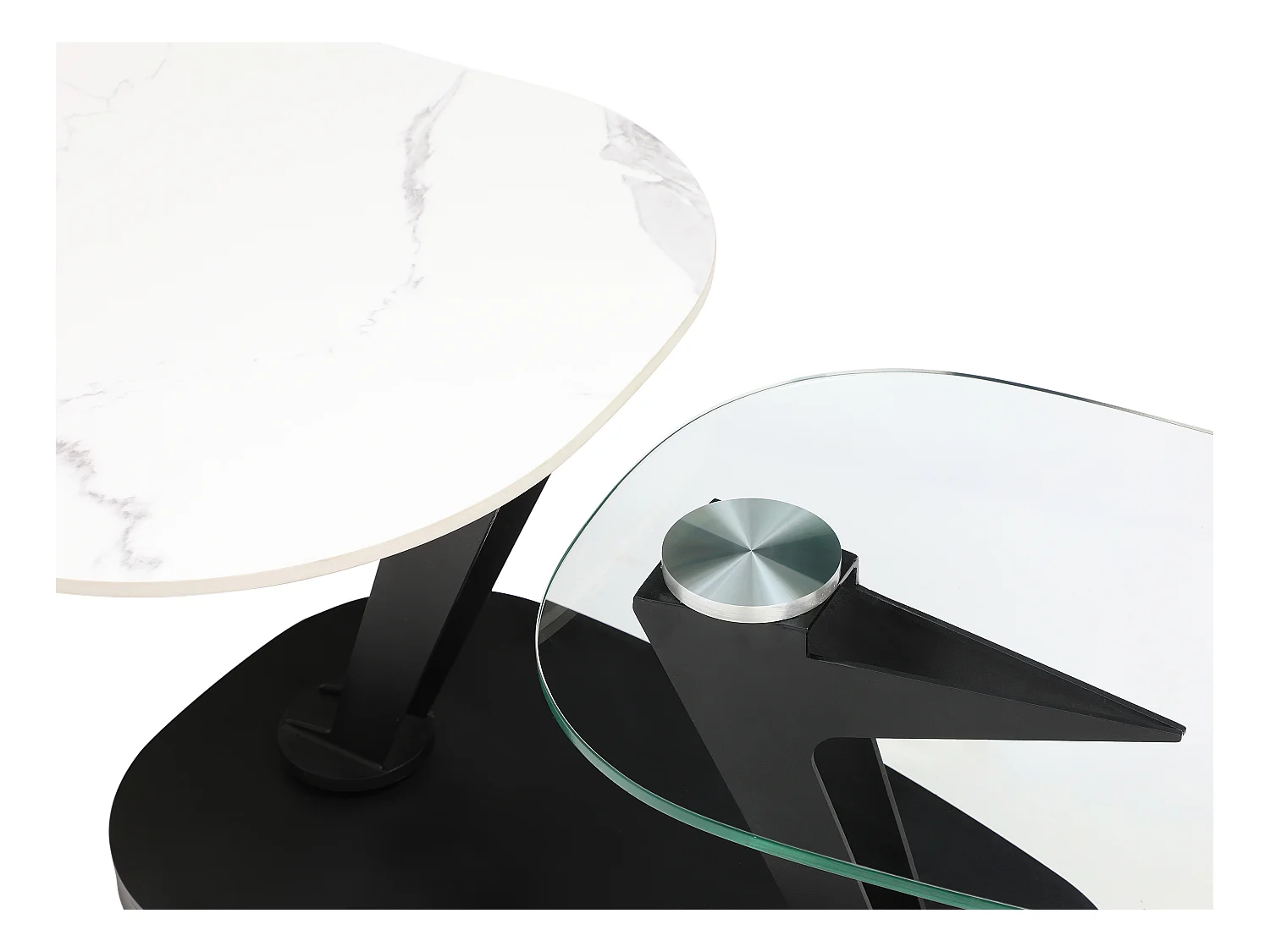 Table basse avec plateaux pivotants en céramique, verre trempé et métal - Effet marbre blanc - NADRYA de Maison Céphy