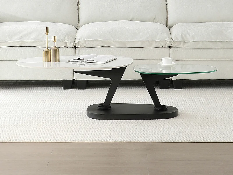 Couchtisch mit drehbaren Tischplatten - Keramik, Sicherheitsglas & Metall - Marmor-Optik Weiß - NADRYA von Maison Céphy