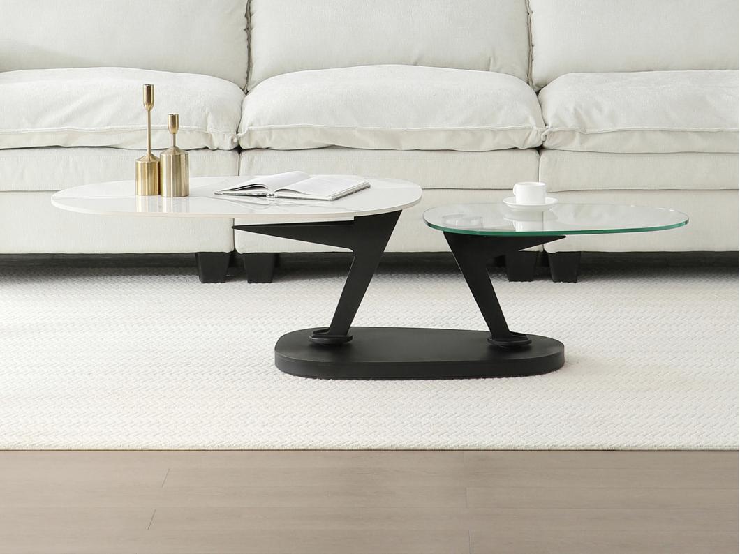 Table basse avec plateaux pivotants en céramique, verre trempé et métal - Effet marbre blanc - NADRYA de Maison Céphy