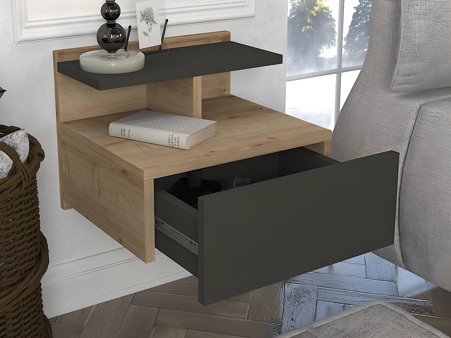 Conjunto de 2 mesas de cabeceira suspensas 1 gaveta cor natural e antracite - AZELNO