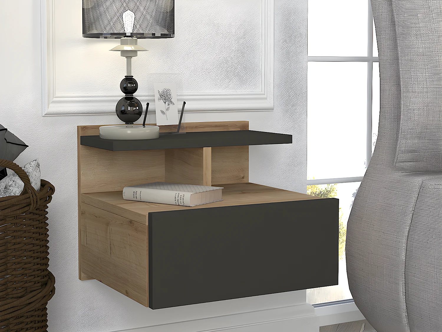 Set van 2 hangende nachtkastjes - 1 lade - Kleur: naturel en antraciet - AZELNO