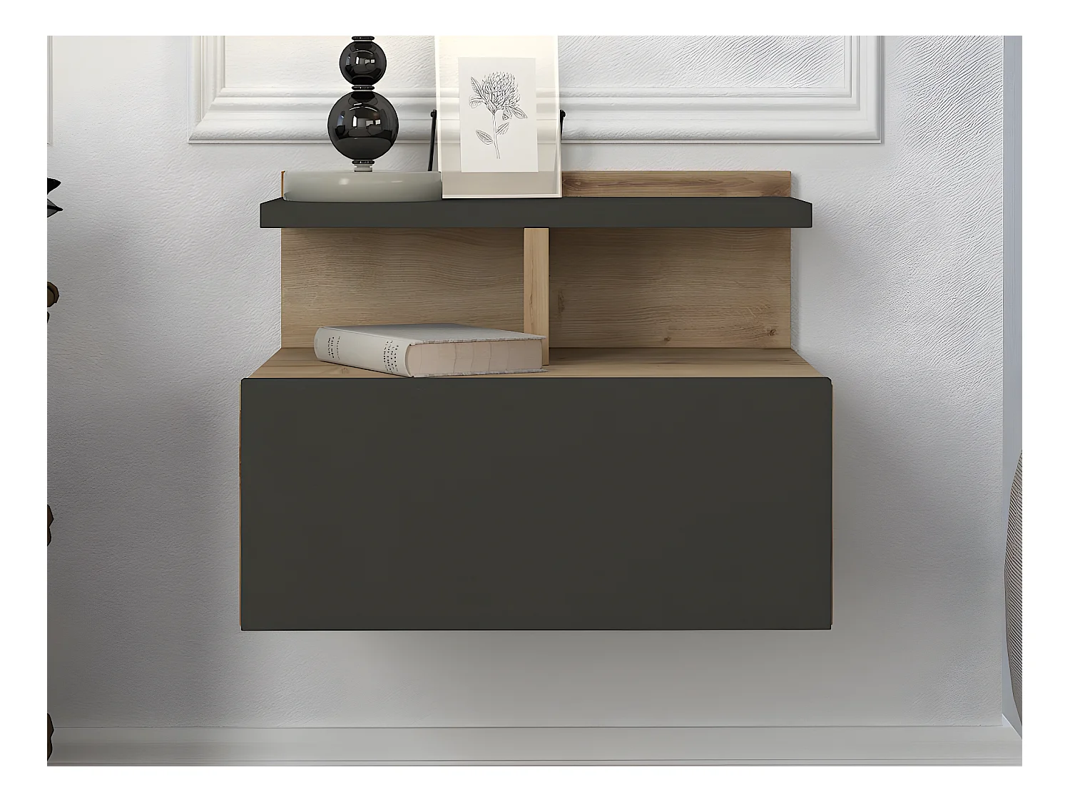 Set van 2 hangende nachtkastjes - 1 lade - Kleur: naturel en antraciet - AZELNO