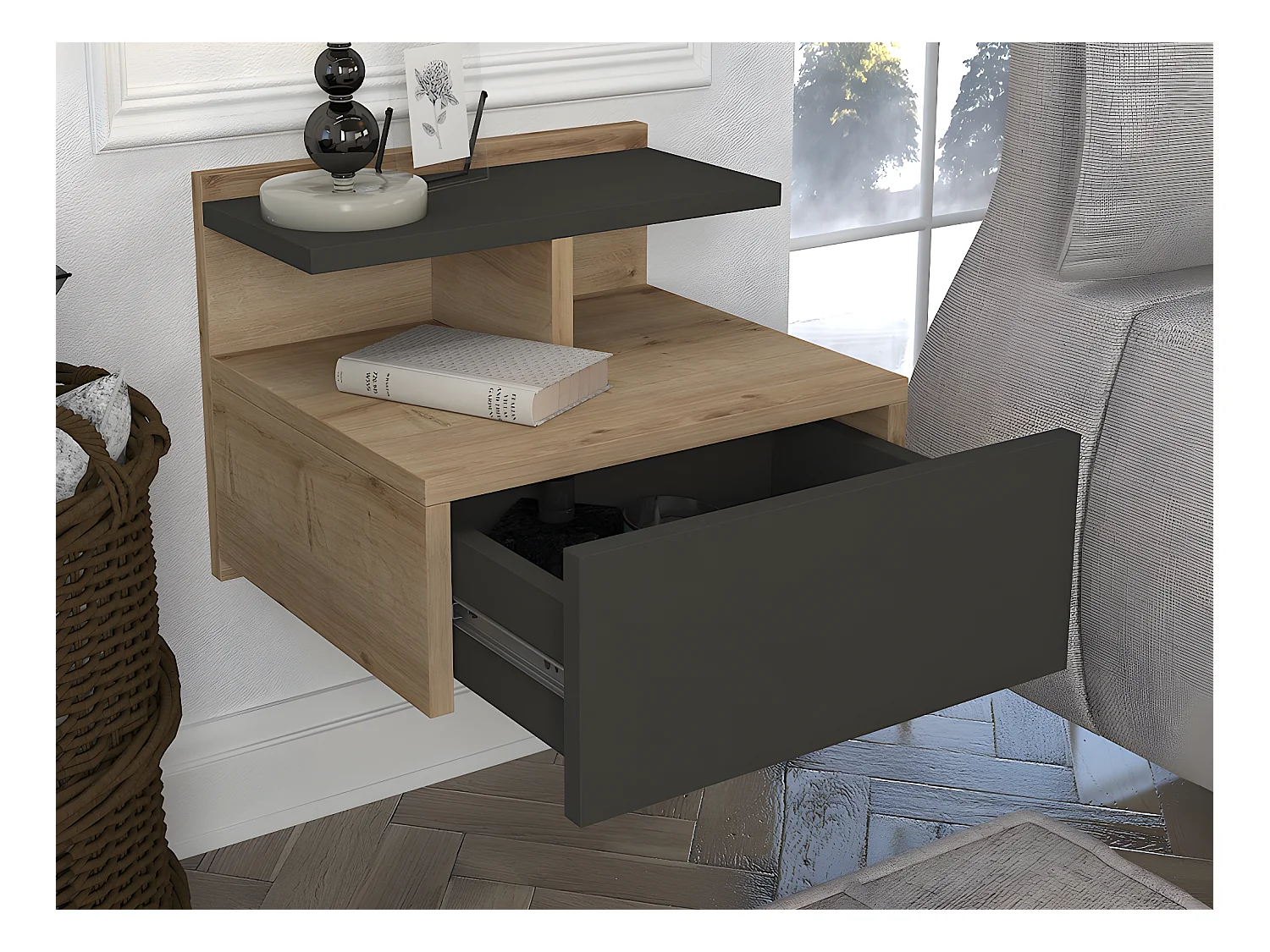 Set van 2 hangende nachtkastjes - 1 lade - Kleur: naturel en antraciet - AZELNO