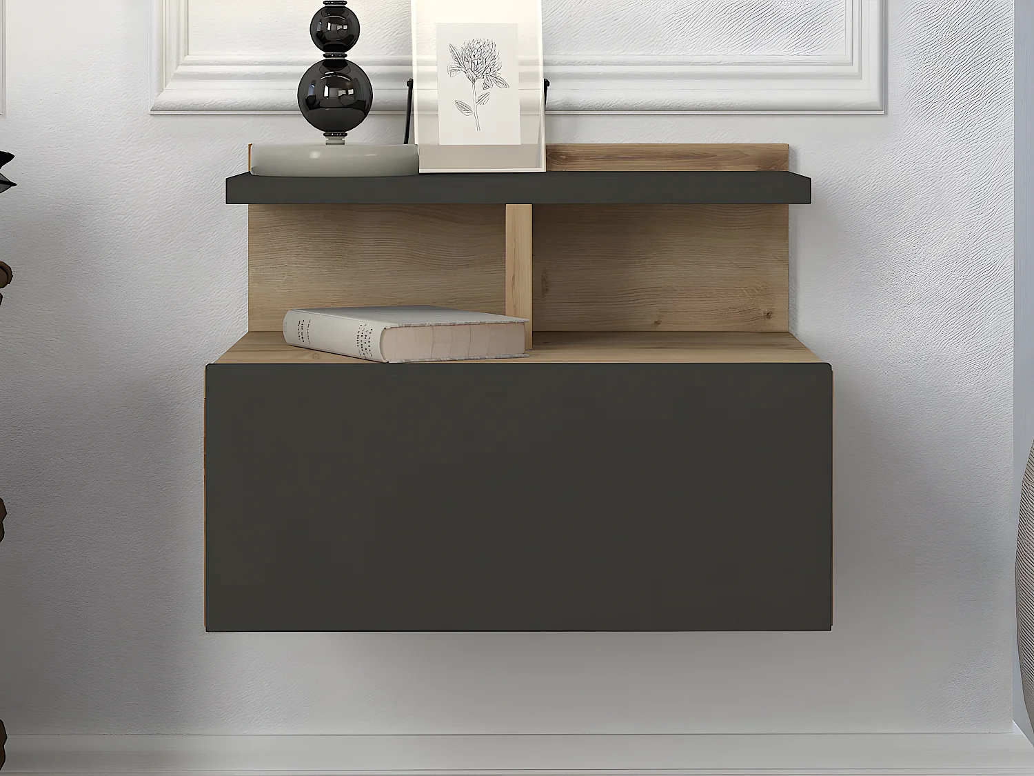 Comodino sospeso 1 cassetto Naturale e Antracite - Lotto di 2 - AZELNO