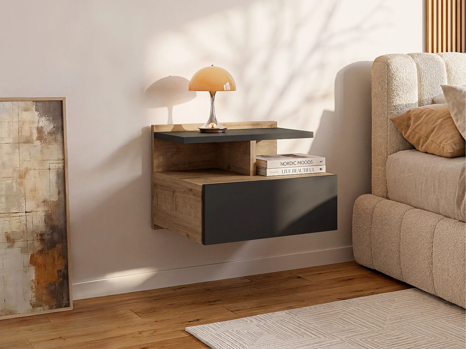 Set of 2 suspended bedside tables - 1 drawer - Color: Natural and anthracite - AZELNO