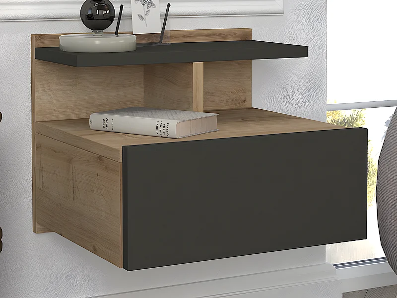 Set van 2 hangende nachtkastjes - 1 lade - Kleur: naturel en antraciet - AZELNO