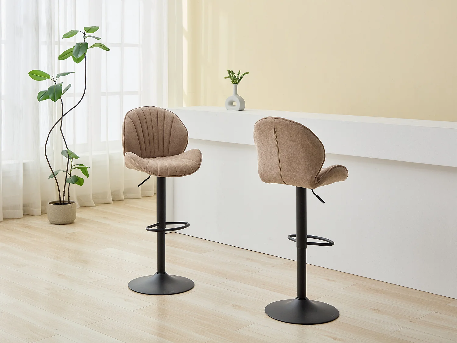 Lot de 2 tabourets de bar en tissu et métal noir - Hauteur réglable - Taupe - LANCENIA